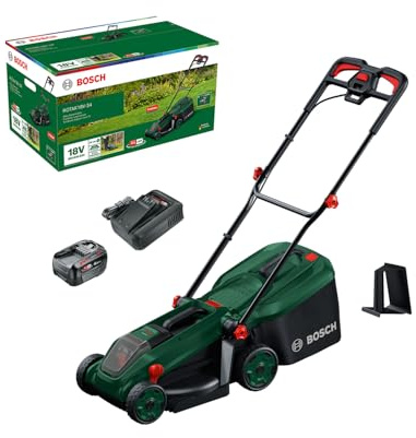 Bosch Cordless Lawn Mower ROTAK18V-34 (Cutting Width: 34 cm, Height of Cut: 25-65 mm, 35 l Fabric Grass Bag, Mulch plug, incl. Battery and Charger)