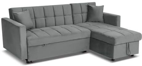 Bravich Milo Corner Sofa Bed with Storage – Luxury Velvet Feel L-Shaped Pull Out Sofa Bed | Reversible Chaise, Double Guest Bed, Space Saving Storage Sofa for Living Room & Apartments – Grey