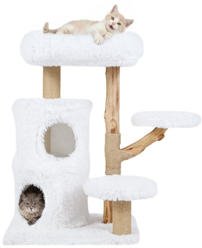 GOPLUS Arbre a Chat Bois Solide XXL 93CM, Interieur pour Ramper, Se Reposer | Arbre a Chat Design à 5 Niveaux, Niche Grand à 2 Étagères, 3 Plateformes, 3 Griffoirs en Jute, Coussin Doux Amovible