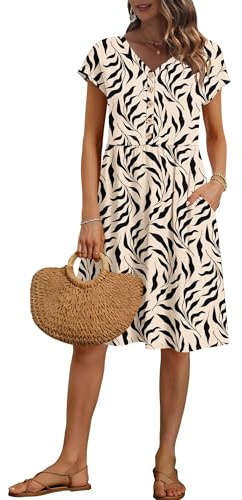 PLMOKEN Womens Summer Dresses Loose Knee-Length Short Sleeve Floral V Neck Dresses Ladies Casual Beach Dress with Pockets