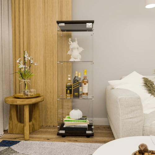 AUFHELLEN Glasvitrine Standvitrine in Schwarz, 125x42,5x36,5CM Glas Vitrine | Modern Vitrinenschrank mit 3 Böden aus ESG für Küche, Flur Wohnzimmer Büro zur Aufbewahrung von Sammlerstücken Büchern Weinen