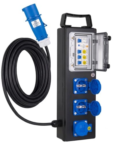 TRWUDRFA Tragbarer Stromverteiler mit 3P CEE-Stecker und 2m kabel - Baustromverteiler mit Leitungsschutzschalter - CEE Steckdose Verteiler mit 3X 250V/16A Schuko für Baustellen, Wohnwagen, Wohnmobile