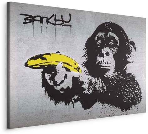 B&D XXL - Wandbilder XXL Banksy Monkey with Banana Gun 120x80 cm 1 tlg Wand Deko Leinwand Bilder Groß Wanddeko Wohnzimmer Schlafzimmer Kunstdrucke - Affe mit bananen Pistole Street Art 030115-40