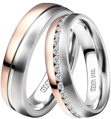 DOOSTI Damen Herren Ringe für Paare Bicolor Silber Rosegold Edelstahl Damenring Herrenring als Partnerringe Freundschaftsringe Verlobungsring Mann Frau (Damenring, 60 (19.1))