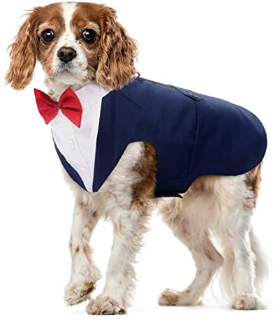 Hund Smoking Anzug und Bandana Set Haustier Mantel Formale Hochzeit Party Kleidung Welpe Hochzeit Fliege Krawatte Hemd Verstellbar für Hochzeit Geburtstag Fest Halloween Weihnachten Kostüme(Blau, M)