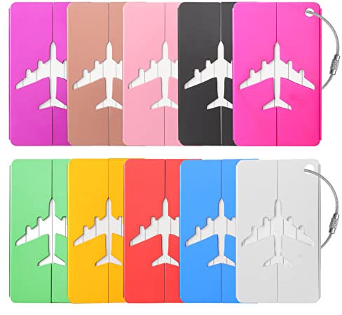 10 Stücke Kofferanhänger Aluminium, Gepäckanhänger aus Metall mit Edelstahlschnur, Koffer Anhängeetiketten Luggage Tags für Gepäck, Rucksäcke, Reisen (10 Farben)