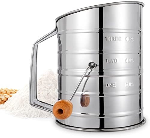 Mehlsieb, 3 Tassen Mehlsieb zum Backen, feinmaschig, rotierende Handkurbel mit Schlaufenrührer für schnelles Sieben, Mehlsieb aus Edelstahl, Kurbelsieb, Mehl zum Backen von Kuchen und Gewürzen