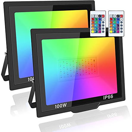 PICAA RGB LED Strahler Außen, 100W Fluter Mit Fernbedienung LED Strahler Außenstrahler IP66 Wasserdicht, 10000LM Außen Strahler Flutlicht für Innen Garten Hinterhof Party(2 Stück)