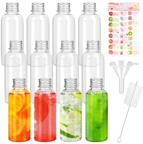 Mooshy 12 Piezas Botella Plastico, 60ml Botellas de Jugo de Plástico Botellitas Pequeñas para Rellenar Botella Plastico Reutilizable con Tapa, Embudo y Cepillo para Bebidas de Jugo Caseras