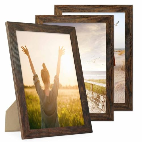 PHOTOLINI Bilderrahmen A4 Set Eiche Dunkel Holz MDF, breiter DIN A4 Bilderrahmen 3er Set 21x30, bruchsicheres Acrylglas, picture frame zum Aufhängen & Aufstellen, Bilder Rahmen 30x21 mit Zubehör
