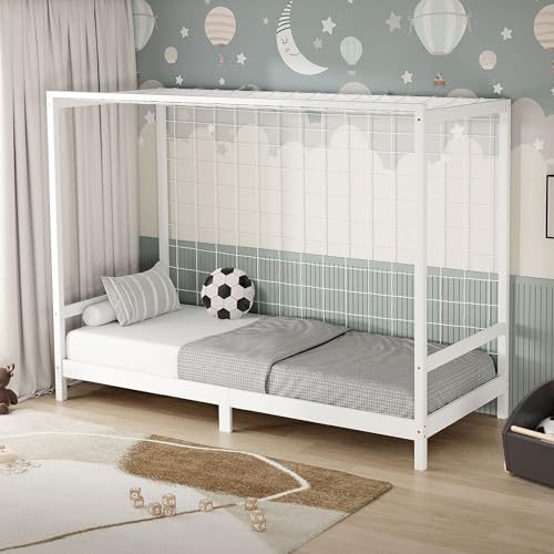 ML-Design Kinderbett Fußballtor 90 x 200 cm, Weiß, Einzelbett für Kinder, Holzbett mit Lattenrost und Tornetz, Jugendbett aus Kiefernholz, Bettgestell Holzrahmen Spielbett Fußballbett-Tor Handballtor