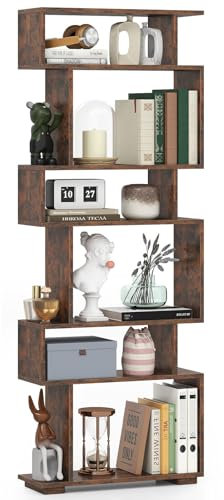 COSTWAY 6-Tier S-shaped Bookshelf, Geometric Bookcase Ladder Shelving Unit with 2 Anti-tipping Kits, Freestanding Tall Storage Shelf Open Display Rack for Living Room, Bedroom & Office (Rustic Brown)