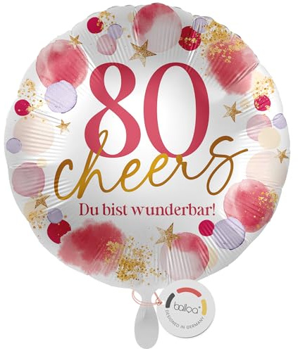balloa Zahlenballon 80 Cheers Du bist wunderbar, XXL Folienballon, 53 cm | Zahl 80 mit Schriftzug Cheers Du bist wunderbar, Rosa-Gold-Design, XXL, heliumgeeignet, ungefüllt, Geburtstagsdeko