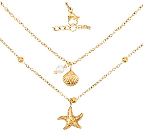 Snäckhalsband för Kvinnor, Lager på Lager Snäckskal Sjöstjärna Pärlhänge Charm Smycken Justerbara Strand Sommar Halsband Dekorationer och Perfekta Årsdagsfödelsedagspresenter