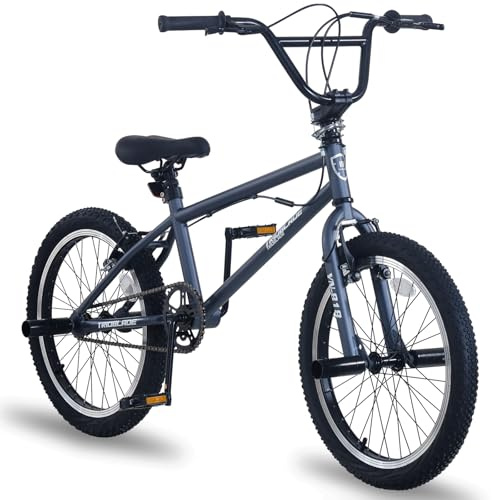 LSBIKE 20 Inch BMX Bike Freestyle BMX Bicycle with Black Steel Frame, 360° Rotatable Handlebar, Front & Rear Pegs, Aluminium Rims, Dual Brakes, for Teens & Adults