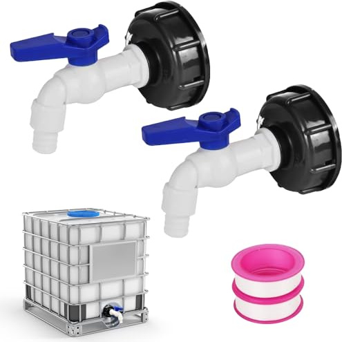 SKIKHN 2 piezas Grifo Deposito 1000 Litros,1/2 Adaptador de Depósito,Plástico PE Grifo de Depósito IBC con Boquilla de 16 mm,para Exterior Jardin Deposito Agua Lluvia Adaptador