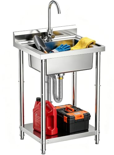 CAMMOO Fregadero utilitario de acero inoxidable 304 de 4 alturas ajustables de 23 pulgadas, fregaderos ergonómicos compactos de alta resistencia con grifo giratorio de 360°, lavandería, cocina, garaje