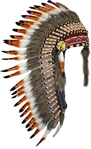 KARMABCN Y18 Indian Hat, Panache, Headdress Feathers Brown, Black and White with Brown Hair