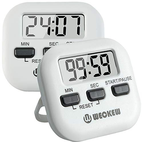 Kitchen Timer, WECKEW 2 Pack Digital Kitchen Timer Magnetic Countdown Stopwatch Timer With Loud Alarm, Big Digit, Back Stand, Hanging Hole for Cooking, Shower, Bathroom, Kids, Teacher(White)