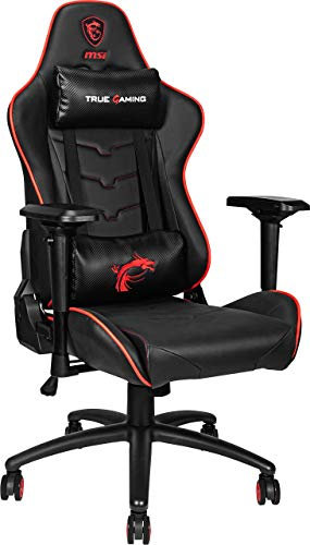 MSI MAG CH120X Gaming Chair (Black and Red leather, Steel frame, Reclinable backrest, Adjustable 4D Armrests, foam, 4D Armrests, Ergonomic headrest pillow, Lumbar support cushion)