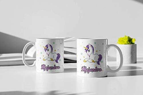 Taza Unicornio Personalizada con tu Nombre. Elige material -Ceramica o Plastico!! (unicornio morado, cerámica)