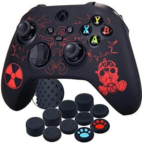 YoRHa Silicone Rubber Back Dots Carving Customizing Skin Cover for Xbox Series X/S Controller x 1(Radiation Red) with Pro Thumb Grips x 10