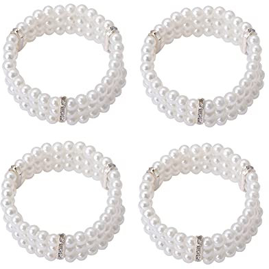 JIHUOO 4 Stücke Faux Perlen Armband Weiß Mehrreihige Armband Braut Party Armreif Perlen Stretcharmband für Frauen Mädchen