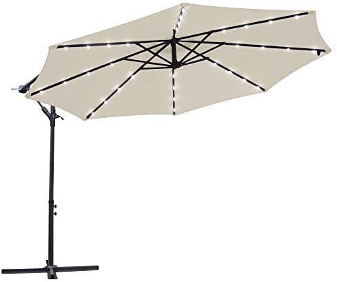 Green Bay 3M Cream Cantilever Banana Parasol with Crank Handle and LED Lights for Outdoor Garden Sun Shade