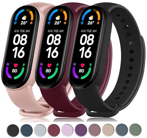Wanme 3-Pezzi Cinturino per Xiaomi Mi Band 5 Mi Band 6/6 Nfc,Silicone Morbido Cinturini per Mi Band 5/Mi Band 6 Bracciale,Nero/Oro Rosa/Vino Rosso