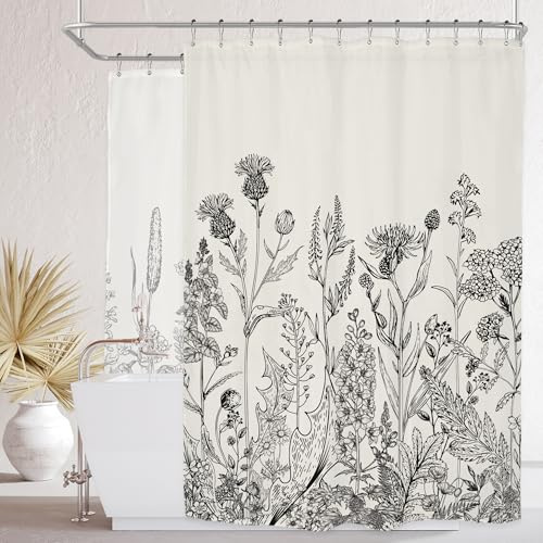 Riyidecor Asta Tenda da Doccia Extra Larga per Vasca Clawfoot 180Lx72A Pollici, Motivo Floreale Avvolgente Circolare, Floreale, Piante Selvatiche Botaniche, Erbe, Decorazione per Bagno, Poliestere