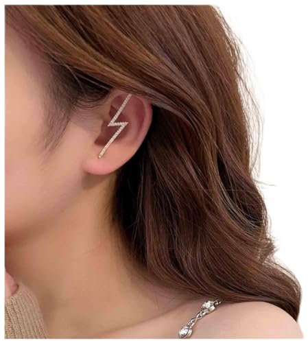 Yheakne Boho Lighting Bolt Ear Pin Earring Gold Cz Edgy Pin Hook Cuff Earrings Long Thunder Ear Cuff Ear Wrap Earring Rhinestone Climber Earrings Oblique Edgy Ear Pin Earring Jewelry for Women(Gold)