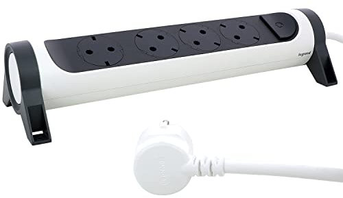 LEGRAND, Drehbare Steckdosenleiste, 4-fach Steckdose, Mehrfachsteckdose, Wand- oder Tischmontage, LED-Ein/Aus-Schalter, 3m Kabel, Ultraweiß/Dunkelgrau, 694536
