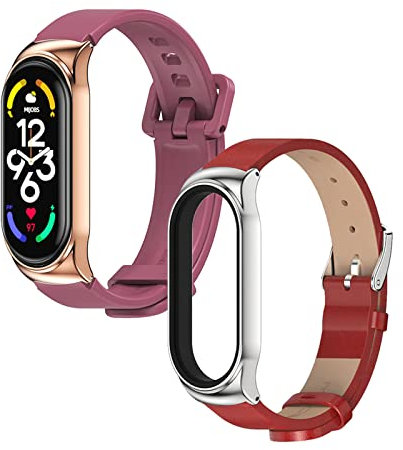 AireWiki 2-PCS Armbänder Für Xiaomi mi Band 7 Silikon + Leder Ersatzband Für Damen Herren Armband mit Kompatibel mit Xiaomi mi Band 7 (E)