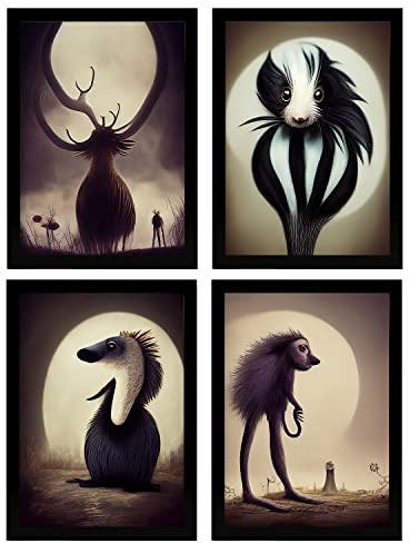 Nacnic Set of 4 Braun Poster im T. Burton Stil. Tier Illustrationen und Poster, inspiriert von Burtons Dark und Goth Kunst. Innenarchitektur und Dekoration. A4.