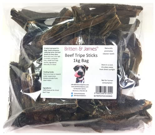 Beef Tripe Sticks for Dogs (1kg refill bag) by Britten and James | A 100% Natural Dog Treat - Reduces Tartar and Bad Breath - Good for Teeth and Gums