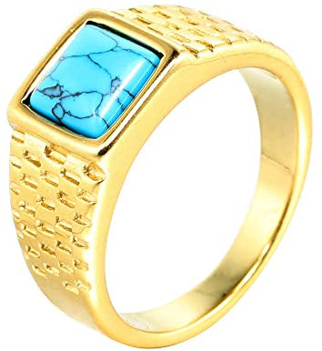 HIJONES Herren Edelstahl Türkis Stein Ring Quadratisch Edelstein Pinky Finger Ringe mit Kristall Statement Schmuck Gold Größe 65