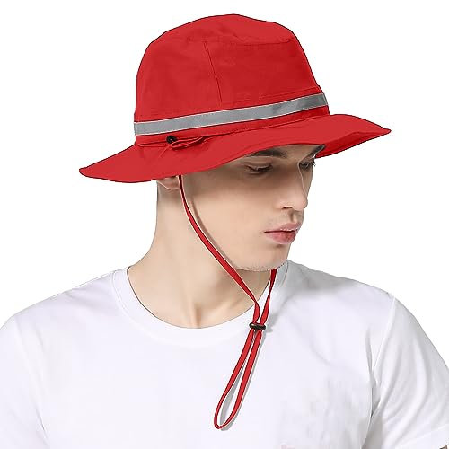 Huakunda Herren Wasserdichter Bucket Hut Schnell Trocknend UV Schutz Faltbar Regenhut Sonnenhüte Wandern Reisen Angeln (Rot)