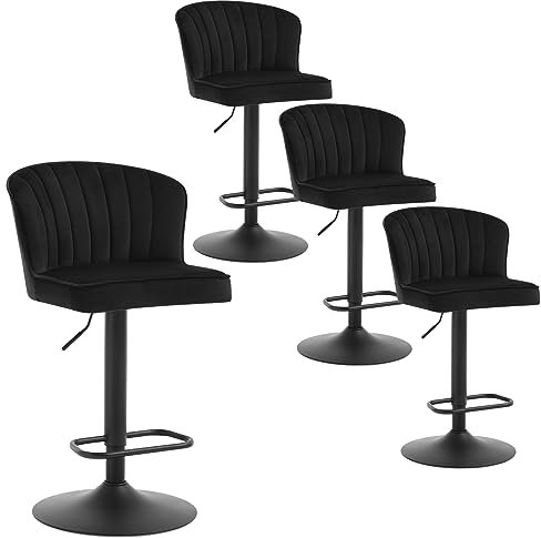EUGAD Lot de 4 Tabourets Bar Hauts, Tabourets Pivotants, Chaises de Bar Réglables en Hauteur, Tabourets en Velours avec Dossier en Forme de Coquille,Repose-Pieds, Socle Rond Métal, Noir, 1055BY-4