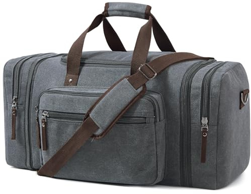 Erweiterbare Reisetasche 55L, Kompakte Sporttasche Herren Damen | Robuste Stofftasche für Reisen, Fitness und Business, Handgepäcktasche (Grau)