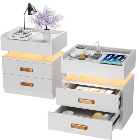 Lvhecforhm 2er Set Nachttisch Weiß, Nachttische mit 2 Schubladen, Nachttische mit Offenen Fächern Hochglanz Front, Einstellbare Farben, Modern 45x35x52cm für Schlafzimmer