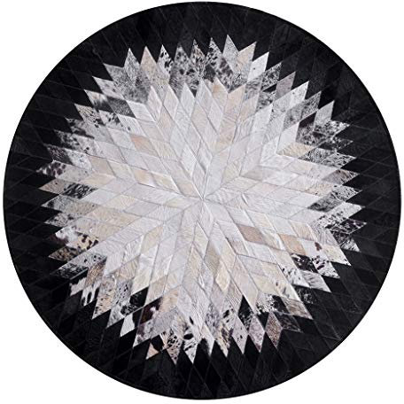 Moderner runder Rindsleder-Teppich mit schwarzem Rand, Kuhfell-Patchwork – Wohnzimmer-Echtleder-Teppich, Arbeitszimmer, Büro, Rutschfester Läufer (Durchmesser 100 cm)