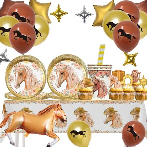 Aszaui 96 Stück Pferde Geburtstag Partygeschirr Set,Pferde Geburtstagsdeko,Pferd Pappgeschirr Pappteller Becher Tischdecke,Pferde Deko Kindergeburtstag,Pferd Party Zubehör für 16 Gäste
