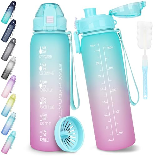 AOPREL Borraccia da 1 l, senza BPA, borraccia sportiva a prova di perdite, con indicazione del tempo per bicicletta, fitness, ufficio, scuola, yoga, attività all'aperto (1 confezione), WF-01