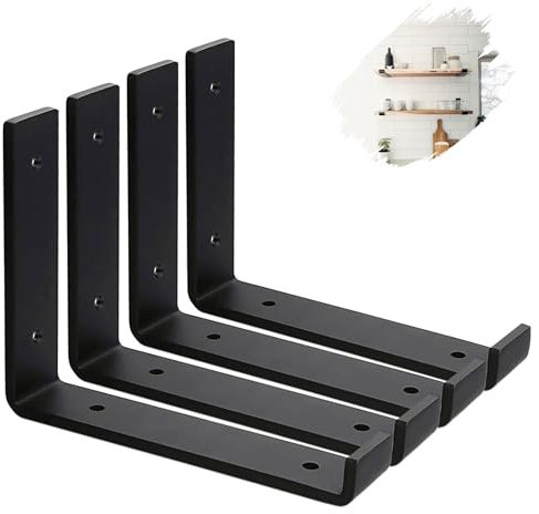 MLOQI 4 Pack Scaffold Board Shelf Brackets with Lips, 5mm Thick Heavy Duty L Wall Brackets for Shelves, Black Industrial Shelves Support (8x6/20cm x 15cm)
