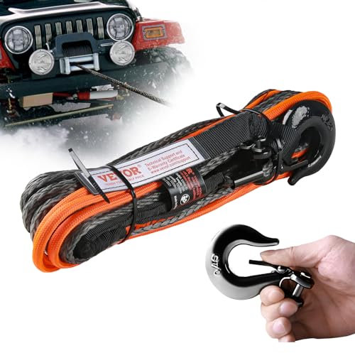 VEVOR Cuerda de Cabrestante 4,8 mm x 15,2 m Cable Sintético Resistencia a la Rotura 37,1 kN con Funda Protectora, Gancho de Cabrestante Forjado, Correa de Tracción para ATV, UTV, Vehículo, Camioneta
