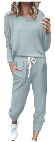 EMATOP Sportanzug Damen Casual Zweiteiler Outfit Baumwolle Langarm Sweatshirt und Lange Hose Trainingsanzug Yoga Sport Tracksuit Einfarbig Loose Freizeitanzug Jogginganzug prime angebote