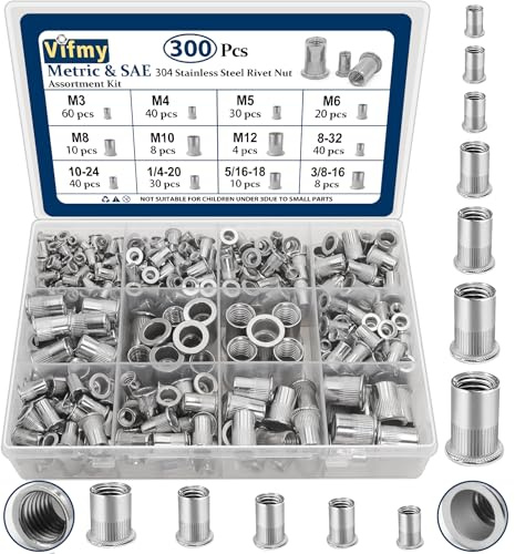 Vifmy Metrisches & SAE Nietmuttern-Sortiment (300 Stück): M3, M4, M5, M6, M8, M10 M12#8-32#10-24 1/4-20 5/16-18 3/8-16 Nietmutternsatz aus Edelstahl 304, UNC-Flachkopfmuttern