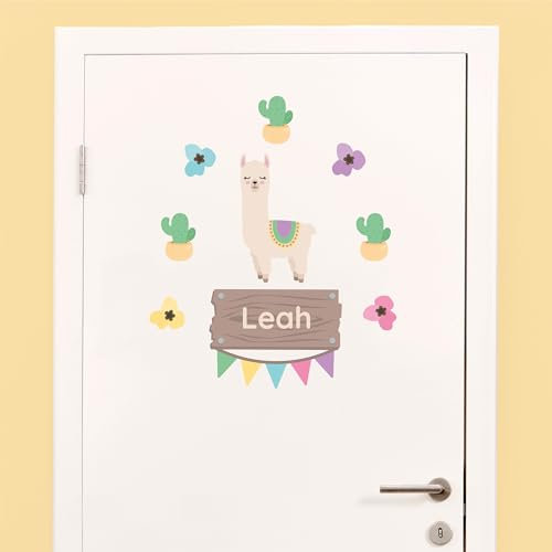 Klebekerlchen® Türaufkleber personalisiert mit Name – Wandtattoo Kinderzimmer & Babyzimmer deko – selbstklebende Wandsticker - Lama