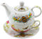 Dekohelden24 Porzellan Teekannen-Set/Teeset/Tea for one mit Biene in bunt 3-teilig, L/B/H 17 x 14 x 17 cm, Fassungsvermögen Kanne-Tasse 400-300 ml, 17 cm