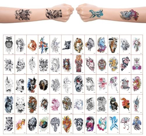 EIROVYA 60 Aquarell temporäre tattoos erwachsene Schwarz Löwe Tiger Wolf Temporäre Tattoos Frauen Männer, Halber Arm Schmetterling Blume Löwe Wolf Traumfänger Fake Tattoos 3D Aquarell Tattoos